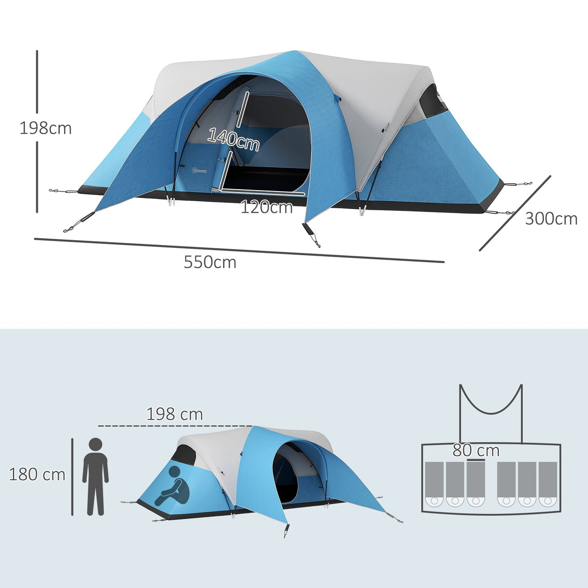 Tunnel Tent, Family Camping, Water-Repellent, 6 Person, Blue