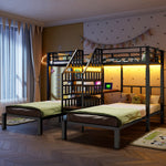 Bunk Bed with 3 Beds, LED Lights, Desk and USB Ports, Black