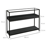 Console Table, 2 Shelves Glass Top, Steel Black