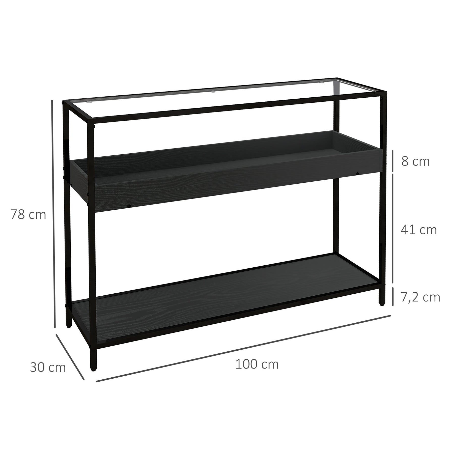 Console Table, 2 Shelves Glass Top, Steel Black