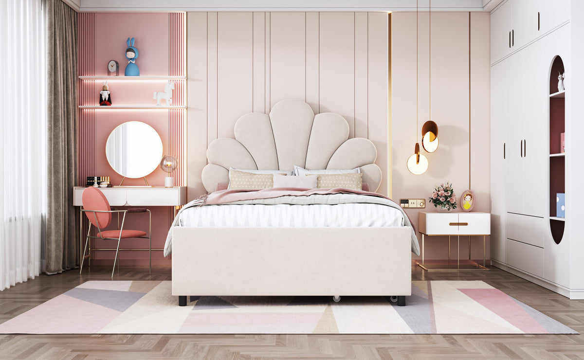 Upholstered Children's Bed 90x200cm Floral Headboard Storage Velvet Beige
