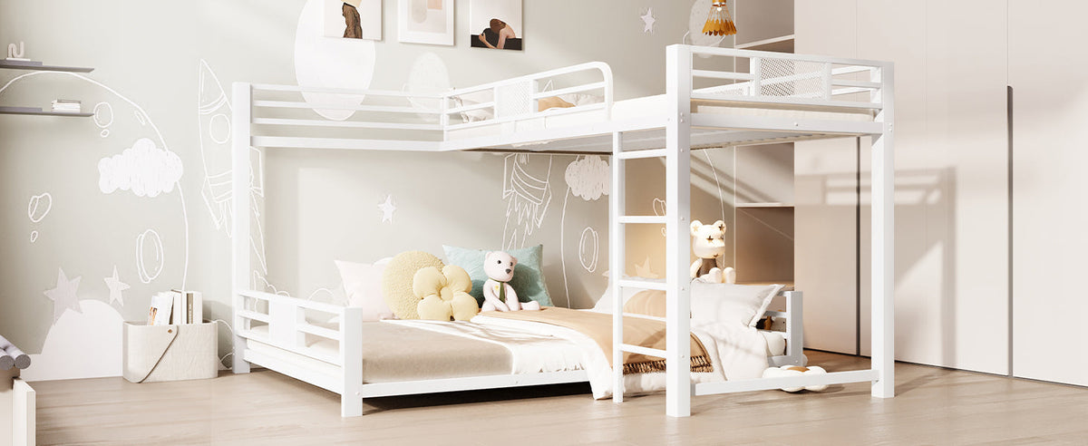 L-Shaped Bunk Bed with 90x200 and 140x200 Metal Frame, White