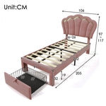 Children's Bed, LED Single with Drawers, APP-Control, Adjustable Headboard, Velvet Pink