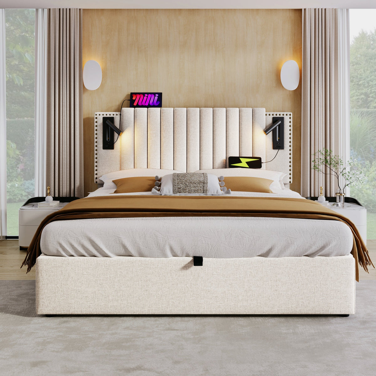 Upholstered Bed 140x200, Double with Storage, USB Reading Light, Rivet Headboard, Beige Cotton