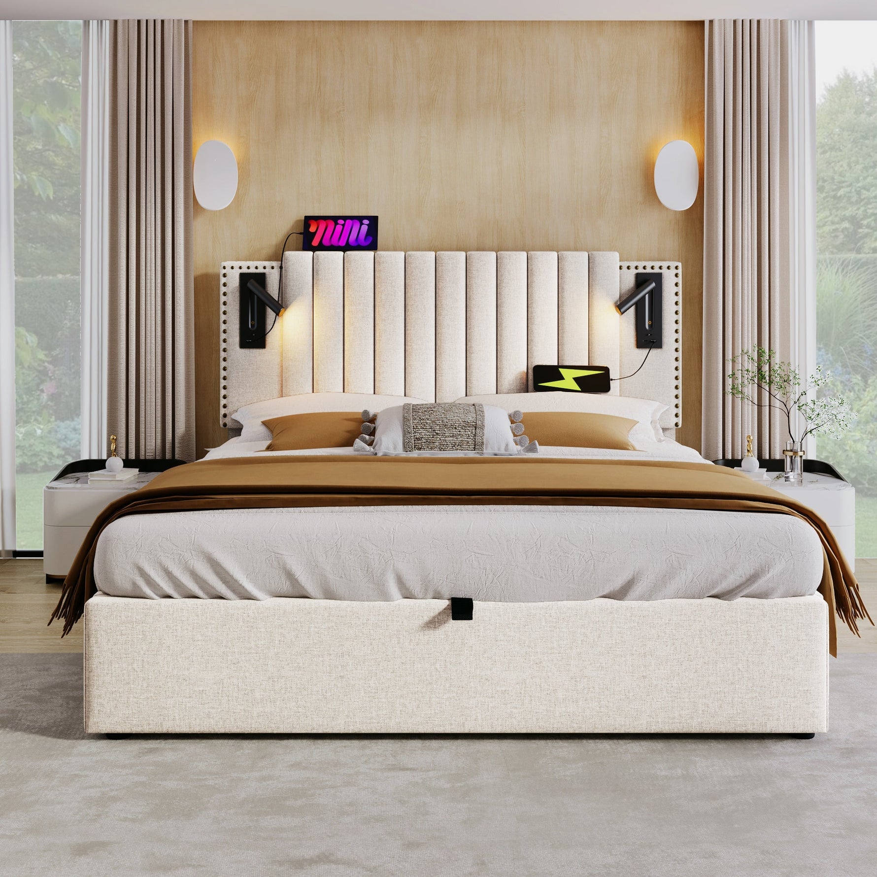 Upholstered Double Bed 180x200 with Storage, Bed Box and USB Reading Light, Beige Cotton