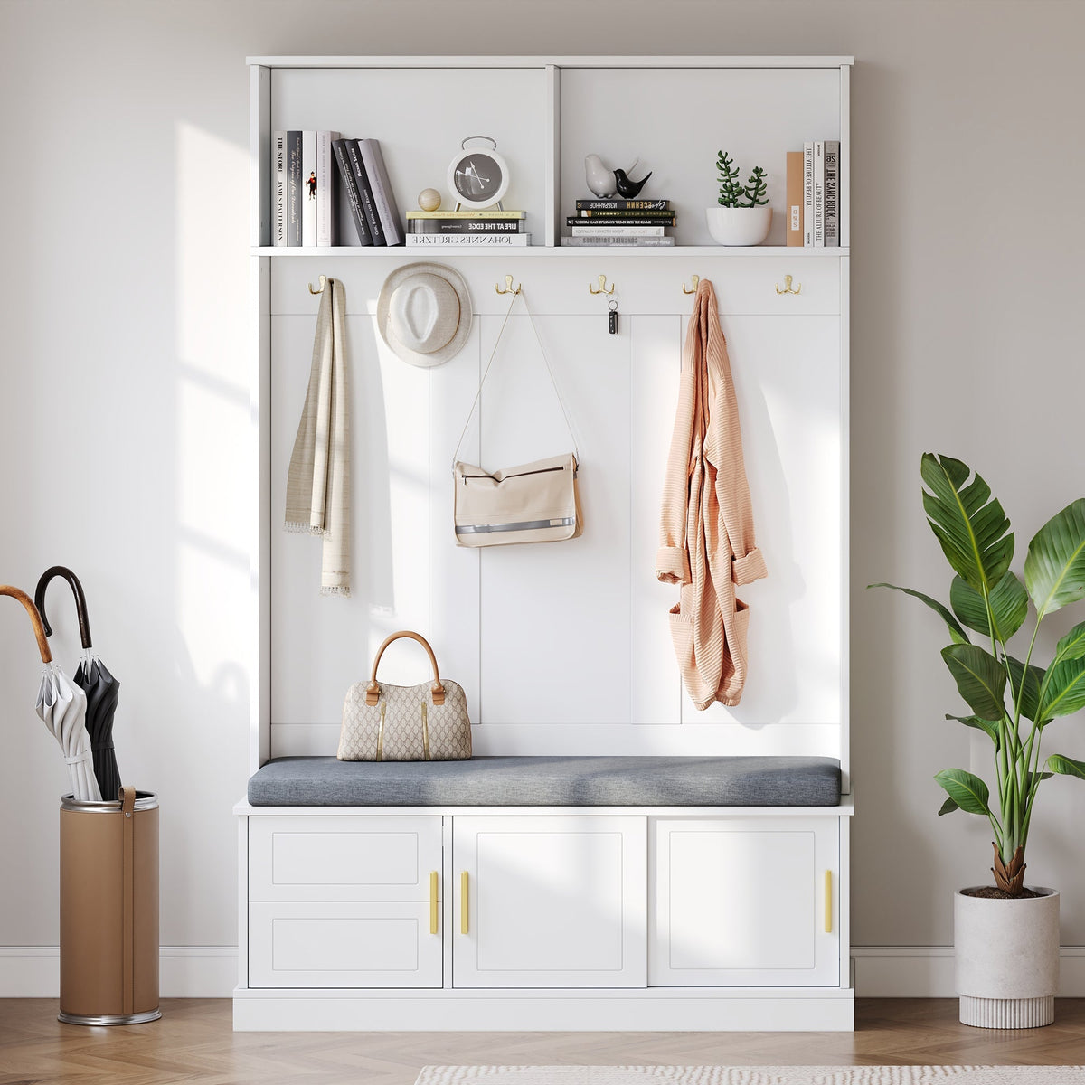 Coat rack with shoe bench, wardrobe, 6 triple hooks, freestanding, space-saving, white
