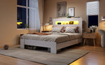 Wooden Bed Frame with Storage Headboard & LED, 140x200 cm, White