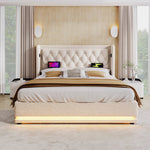 Upholstered Double Bed with Hydraulic Storage, USB and LED, 180x200cm, Beige Cotton