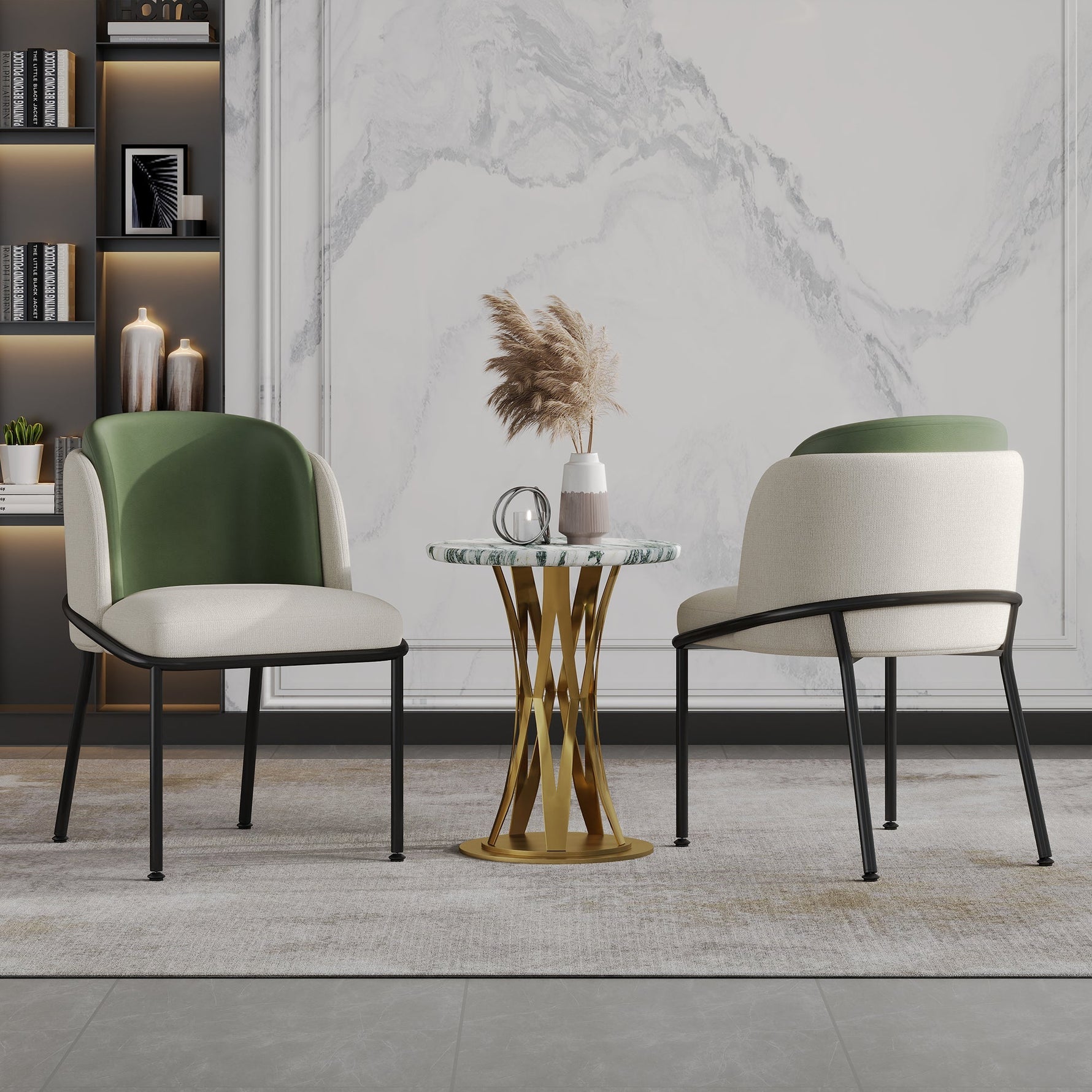2 Modern Chairs Angled Legs Adjustable Feet - Beige/Green