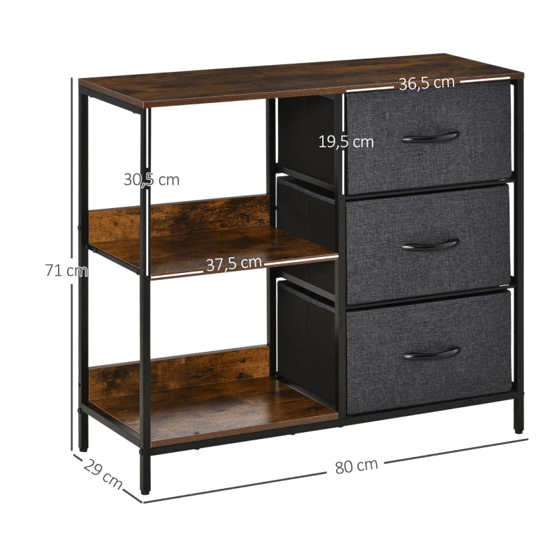 Storage Chest of Drawers, 3 Fabric Drawers and Shelves, Brown and Gray Metal