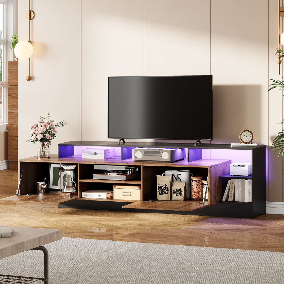 TV Cabinet 70 Inch Open Storage LED Display Wood/Black Frame