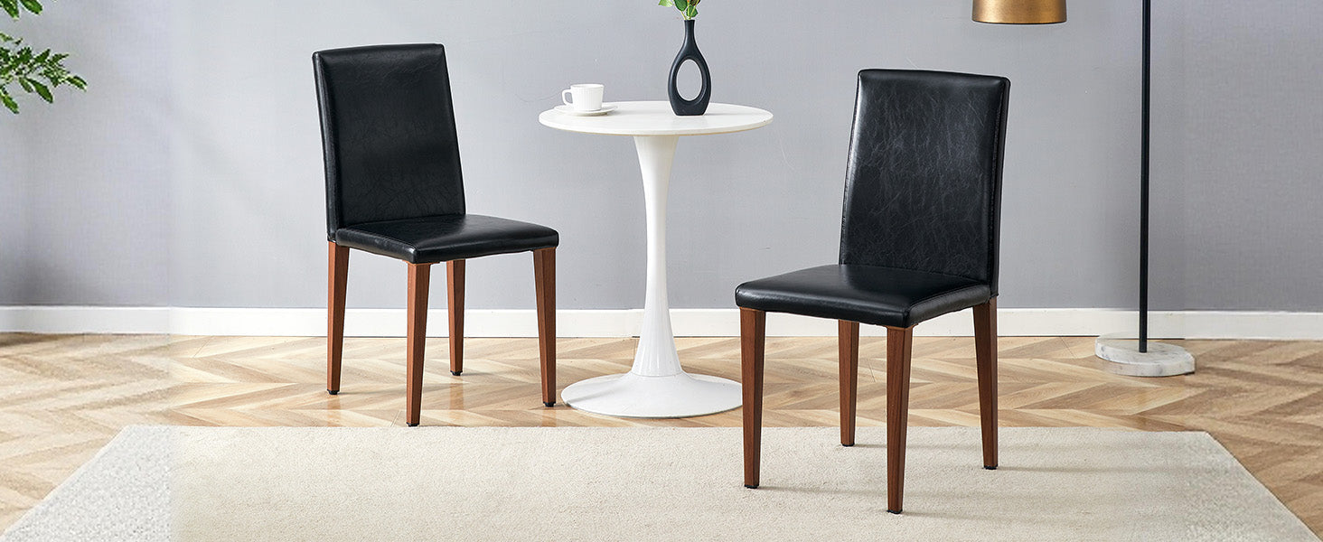 Minimalist Dining Chairs Set of 2, Ergonomic PU Leather with Metal Legs, Black and Walnut Finish