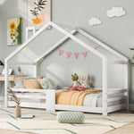 Children's Bed House Bed with Chimney, Fall Protection, Slatted Frames, Pinewood, White
