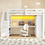 140x200 Loft Bed with Desk, Shelf, Wardrobe, Storage Stairs, USB and LED Lights, White
