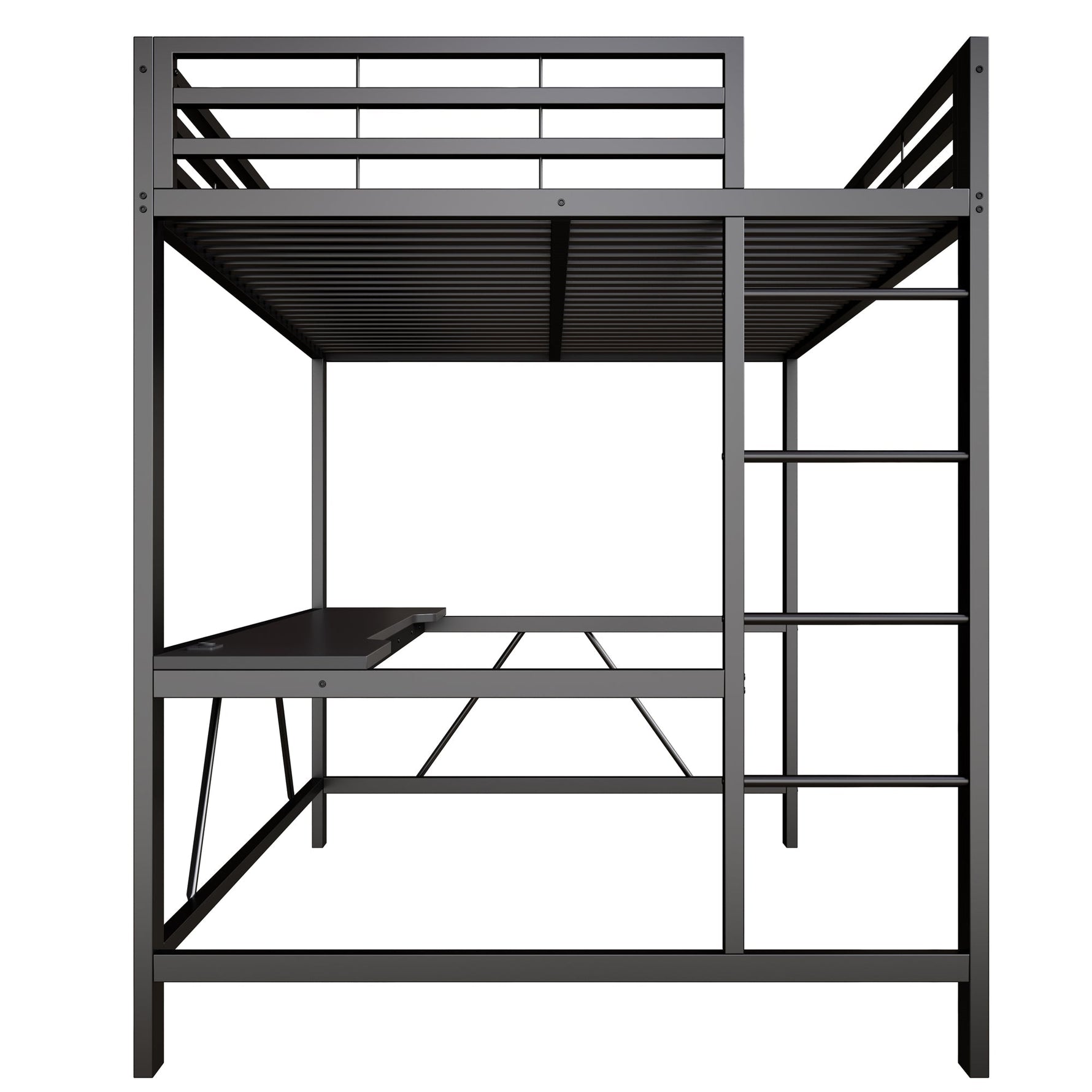 Gaming Loft Bed Frame with 140x200 Desk, LED and USB, Black Metal