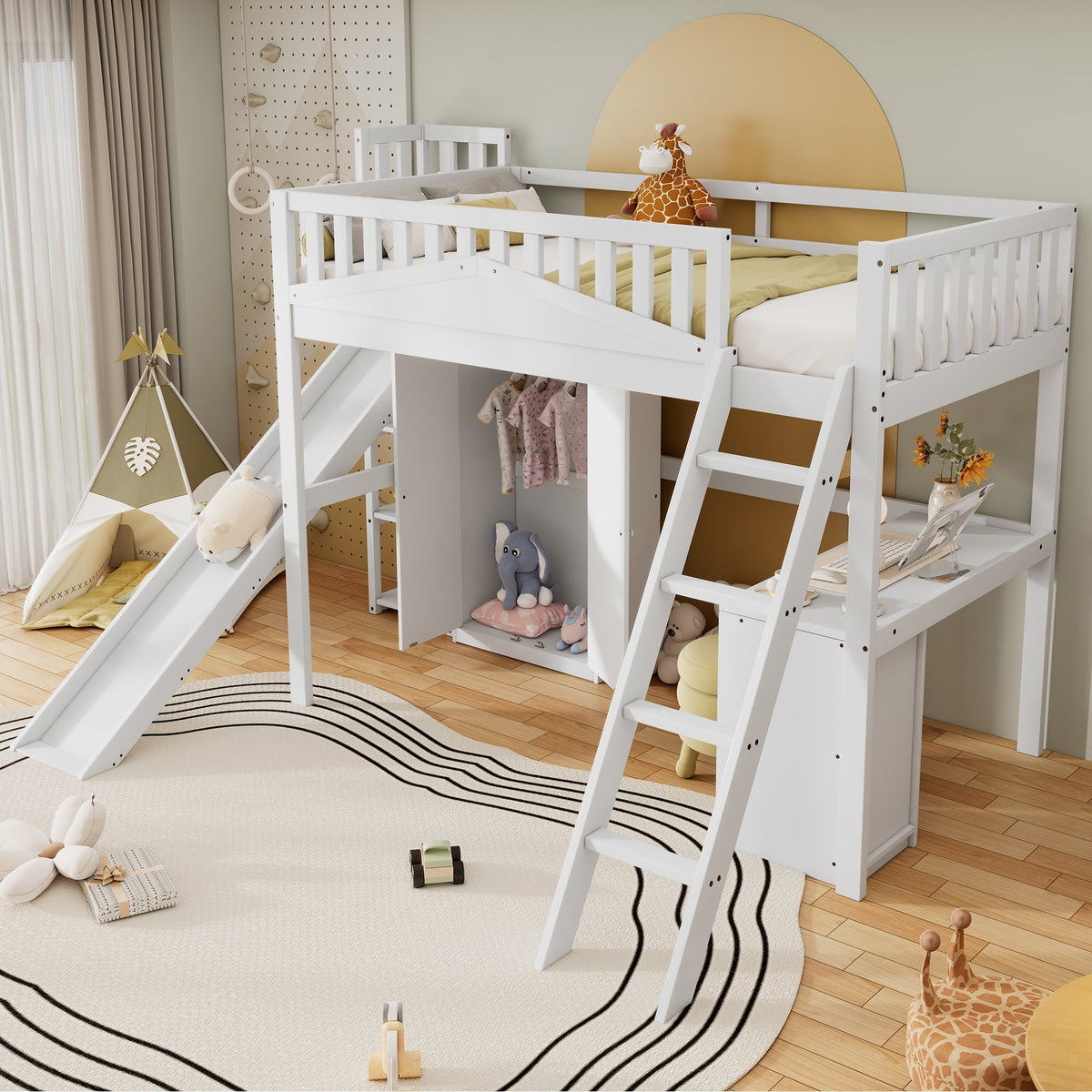 Bunk Bed, Children's with Safety Gate, Table, Wardrobe & Ladder, Pine+MDF+Plywood, White, 90x200cm