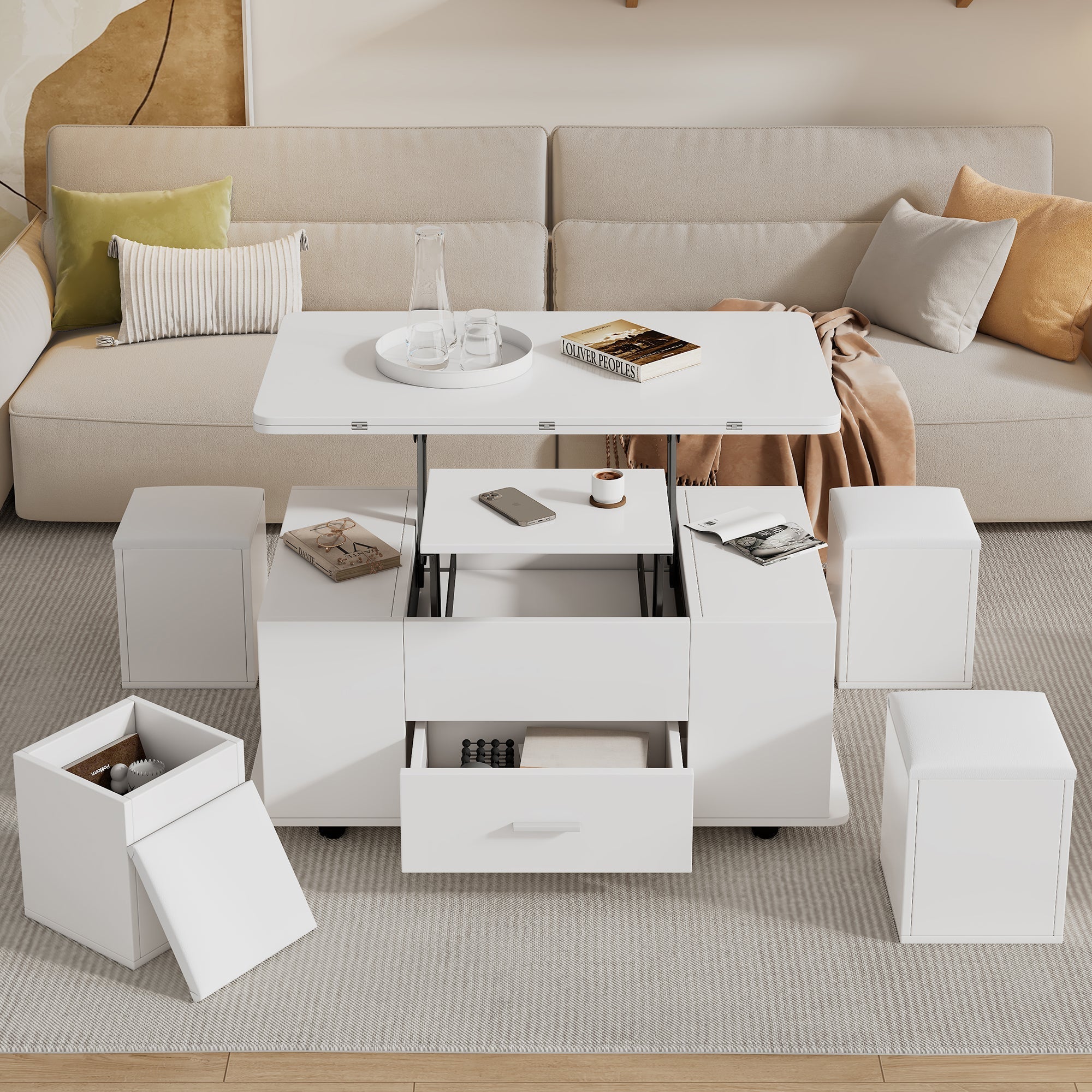 Coffee Table, Height-Adjustable 4-in-1 Multifunctional with Drawers and 4 Stools, White