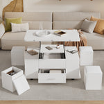 Coffee Table, Height-Adjustable 4-in-1 Multifunctional with Drawers and 4 Stools, White