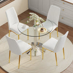 Dining Table Set, Minimalist 85cm Glass Table & 4 Chairs, White Faux Leather