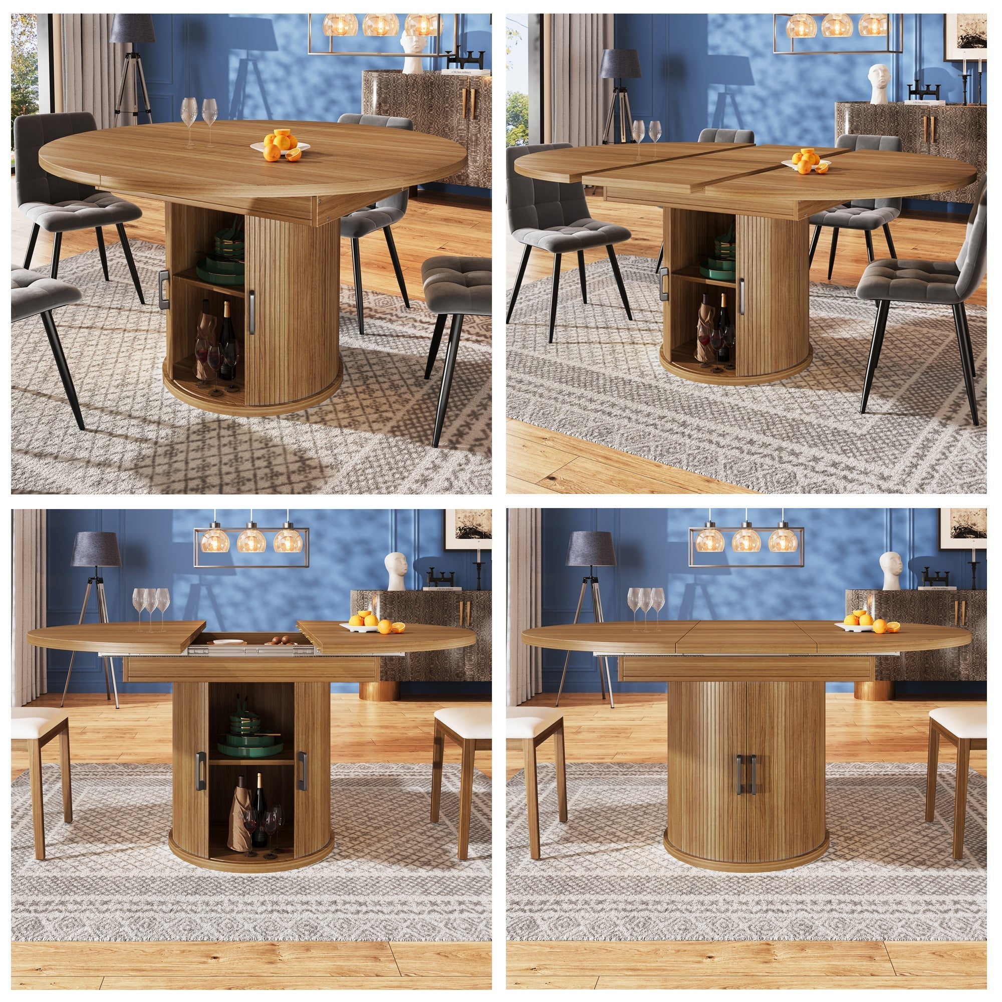 Extendable Round Dining Table, Oval Extension for 6 People, Walnut and Black