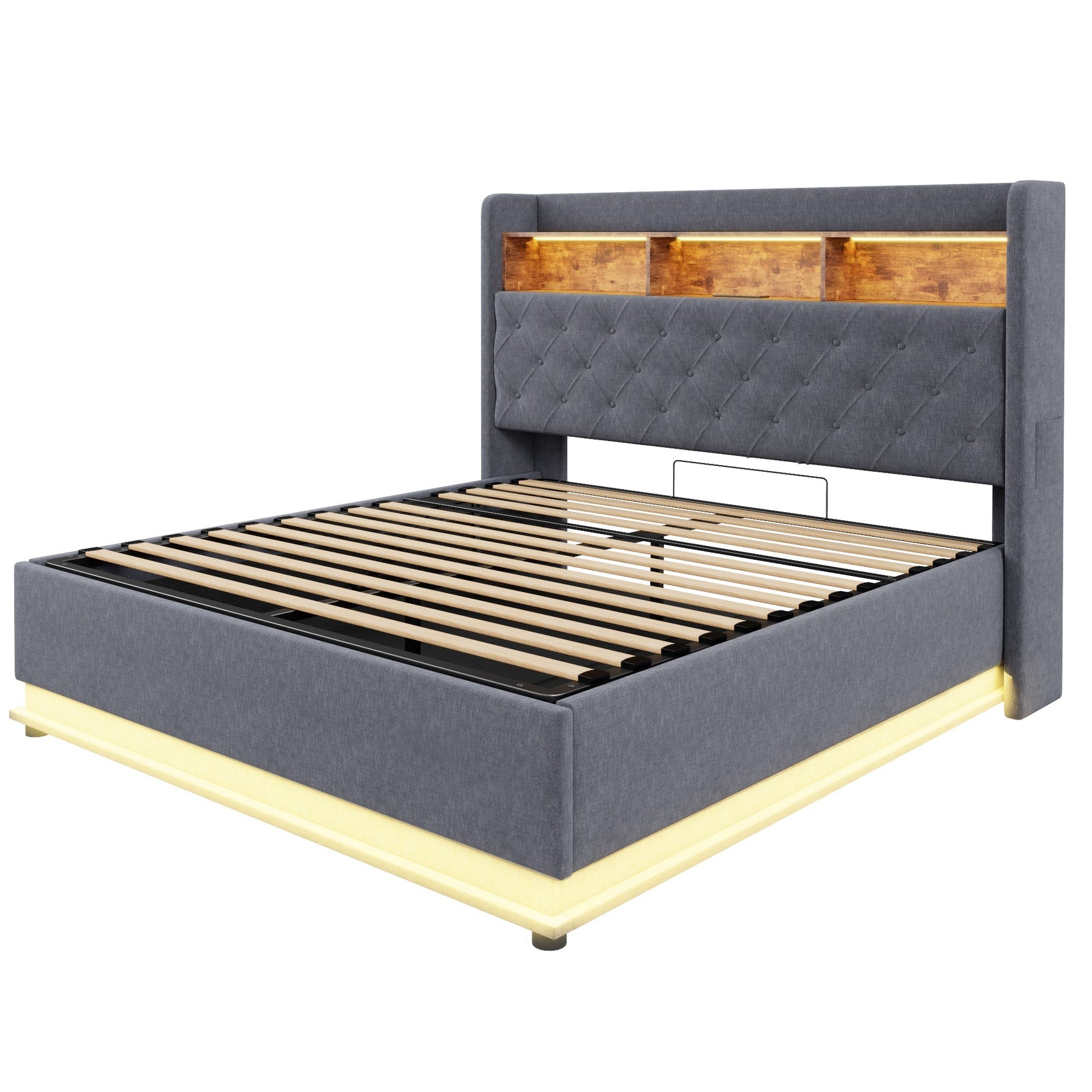 LED Upholstered Bed, 160x200cm, USB Charging, Hydraulic Storage, Linen Fabric, Grey