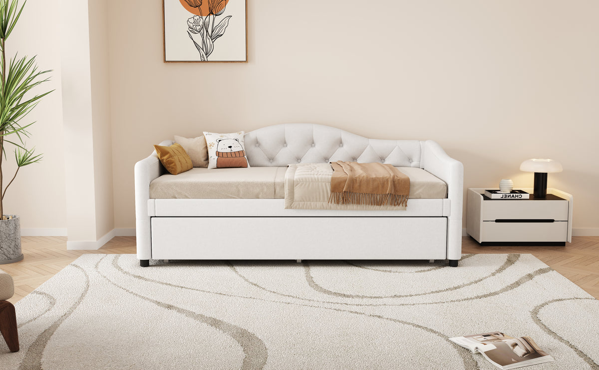 Daybed 90x200cm with Pull-Out Bed, Sofa Bed - Beige Linen