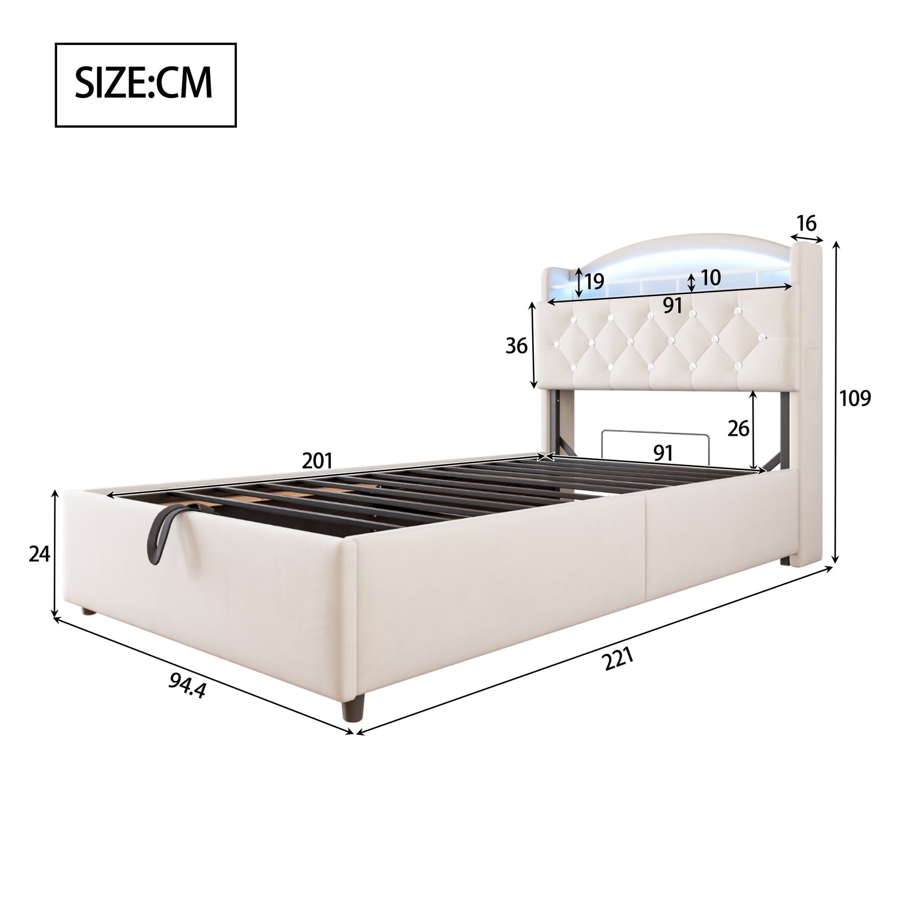 Children's Upholstered Bed 90x200, Multifunctional with Storage, LED & USB, Velvet Beige