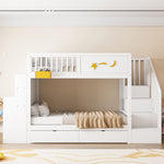 Bunk Bed with Storage Drawers, Safety Stairs, Desk and Star Motif, 90x200cm Solid Pine Wood, White