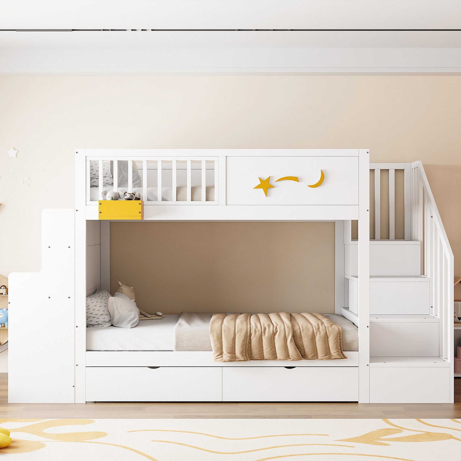 Bunk Bed with Storage Drawers, Safety Stairs, Desk and Star Motif, 90x200cm Solid Pine Wood, White