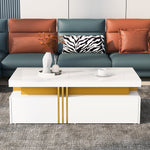 Modern rectangular coffee table with high gloss top and 2 wooden drawers, marble tabletop