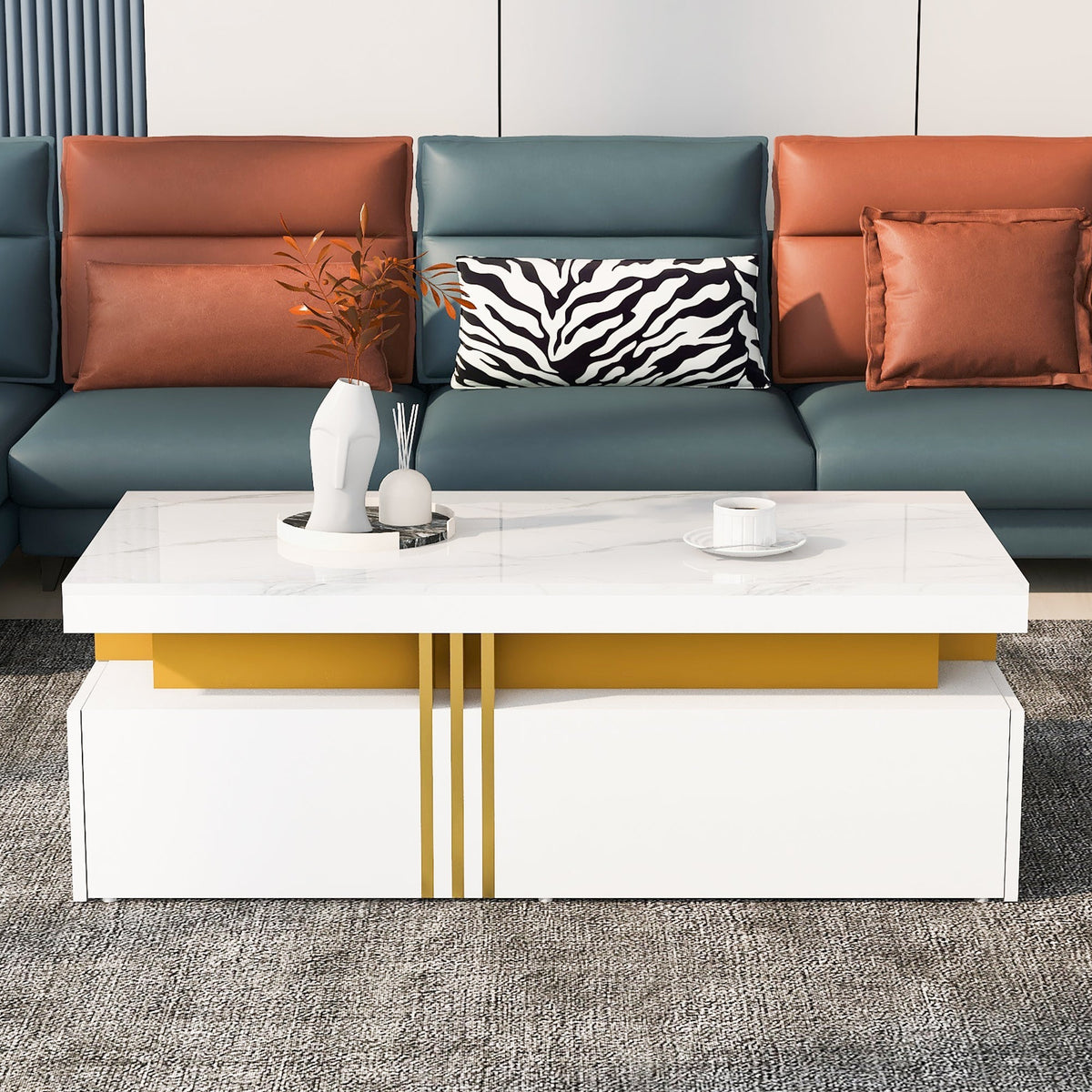 Modern rectangular coffee table with high gloss top and 2 wooden drawers, marble tabletop