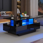 Coffee Table, Modern High-Gloss with LED & 2 Drawers, White