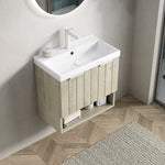 Wall-mounted Bathroom Vanity Unit with Ceramic Sink and Open Shelf, 55cm, Oak Cream