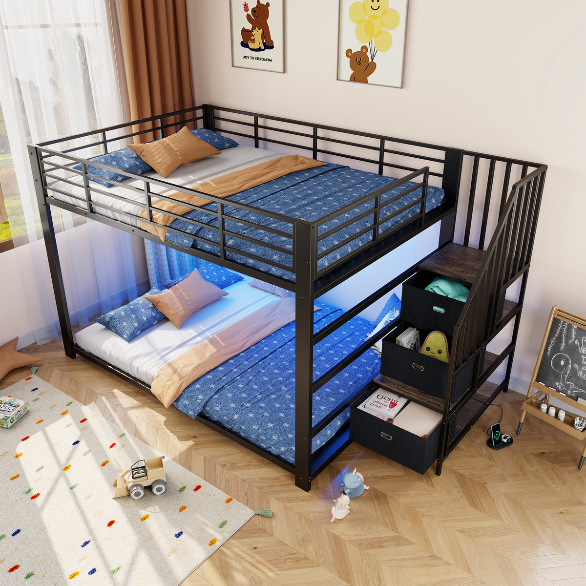Metal Bunk Bed 140x200cm with Storage Stairs & LED Light, Black