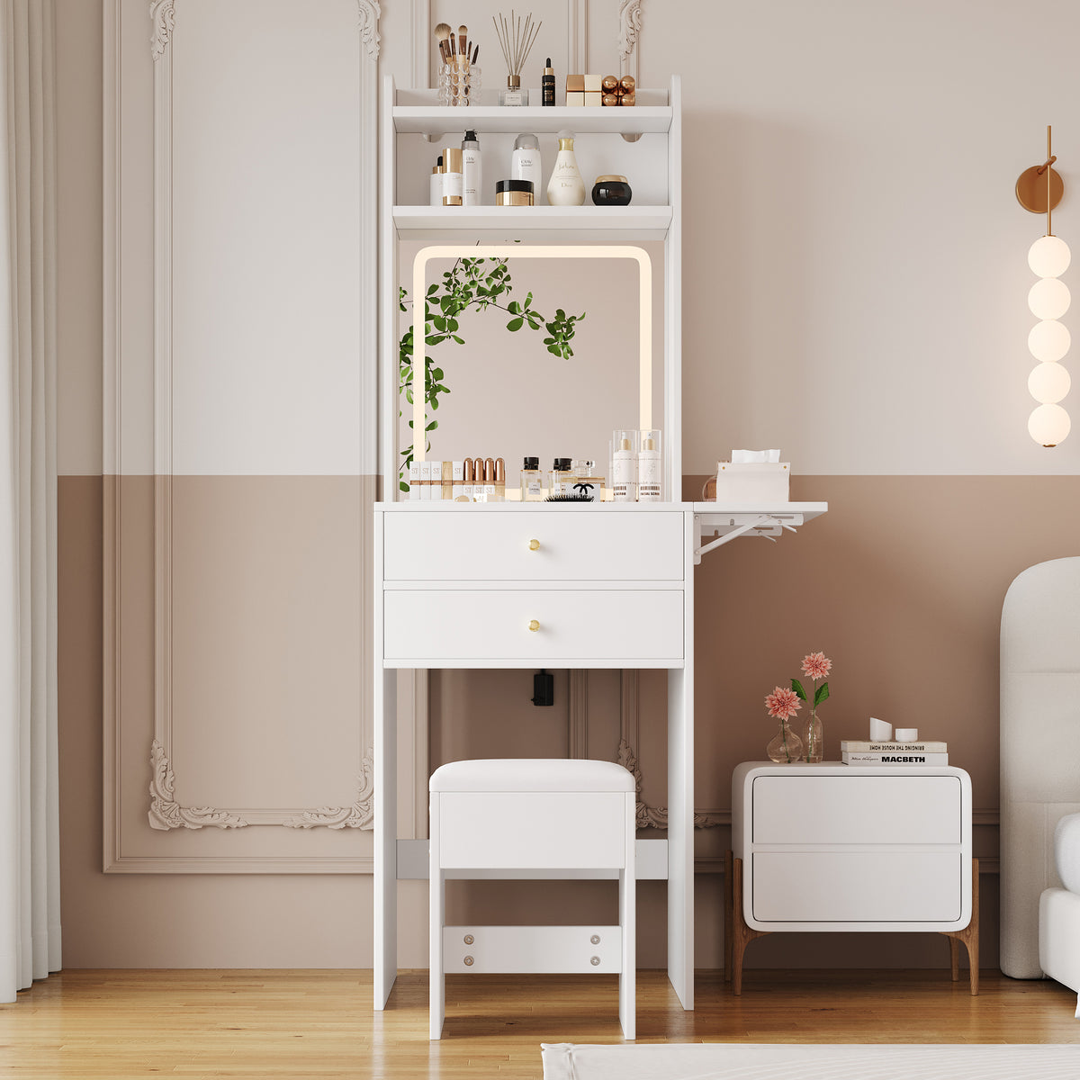 Small Dressing Table with LED Lighting, Stool & Drawers, White