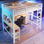 Loft Bed 140x200cm Gaming Desk Wardrobe Bookshelf USB LED Metal White