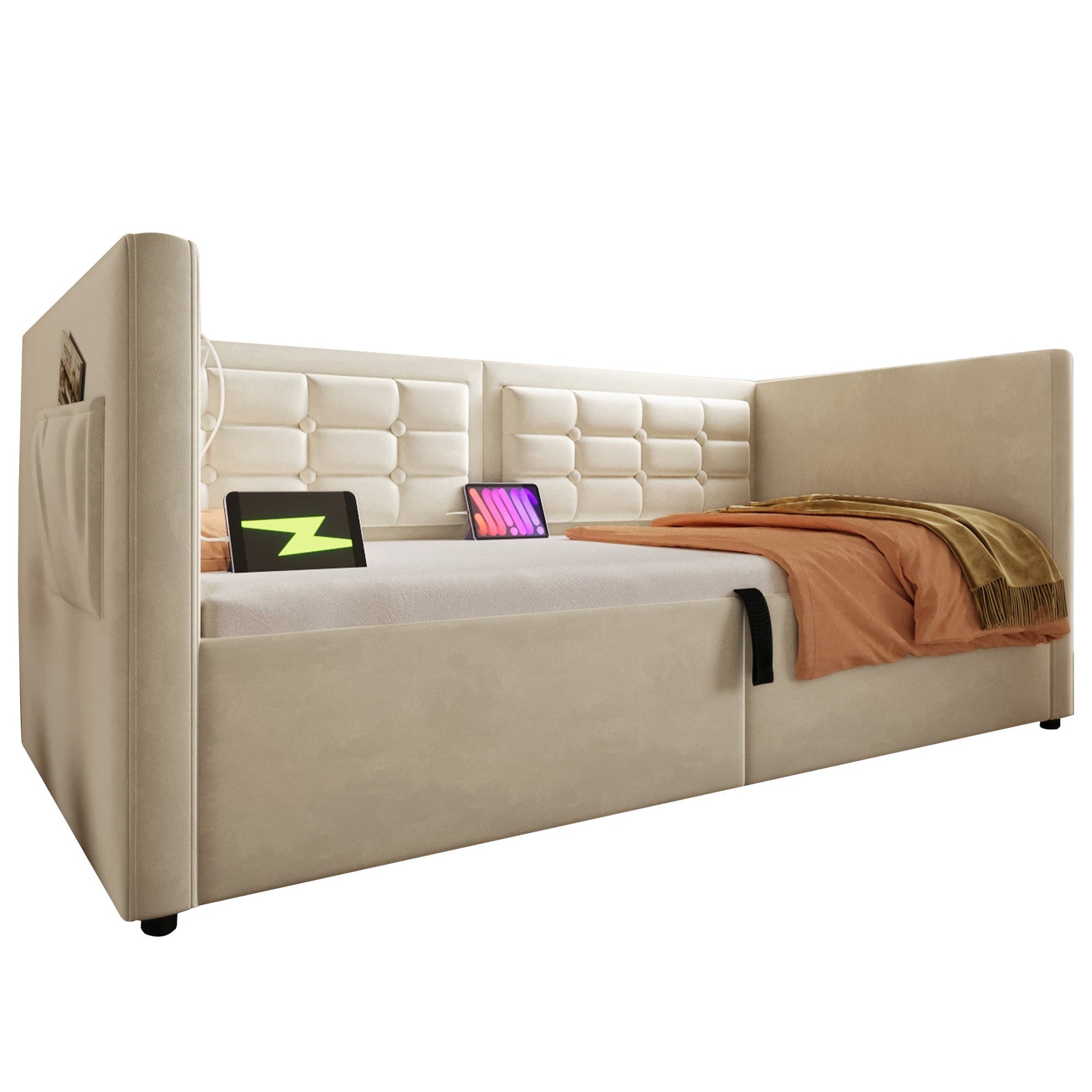 Sofa Bed 90x200cm, Single with Hydraulic Storage & USB/Type-C Charging, Beige Velvet
