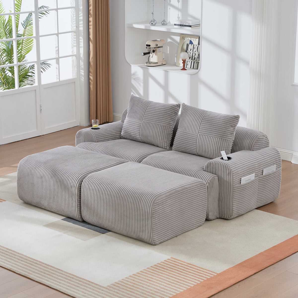 Upholstered Bed 180x200cm Double Hydraulic Storage Cup Holder Charging Station Linen Grey