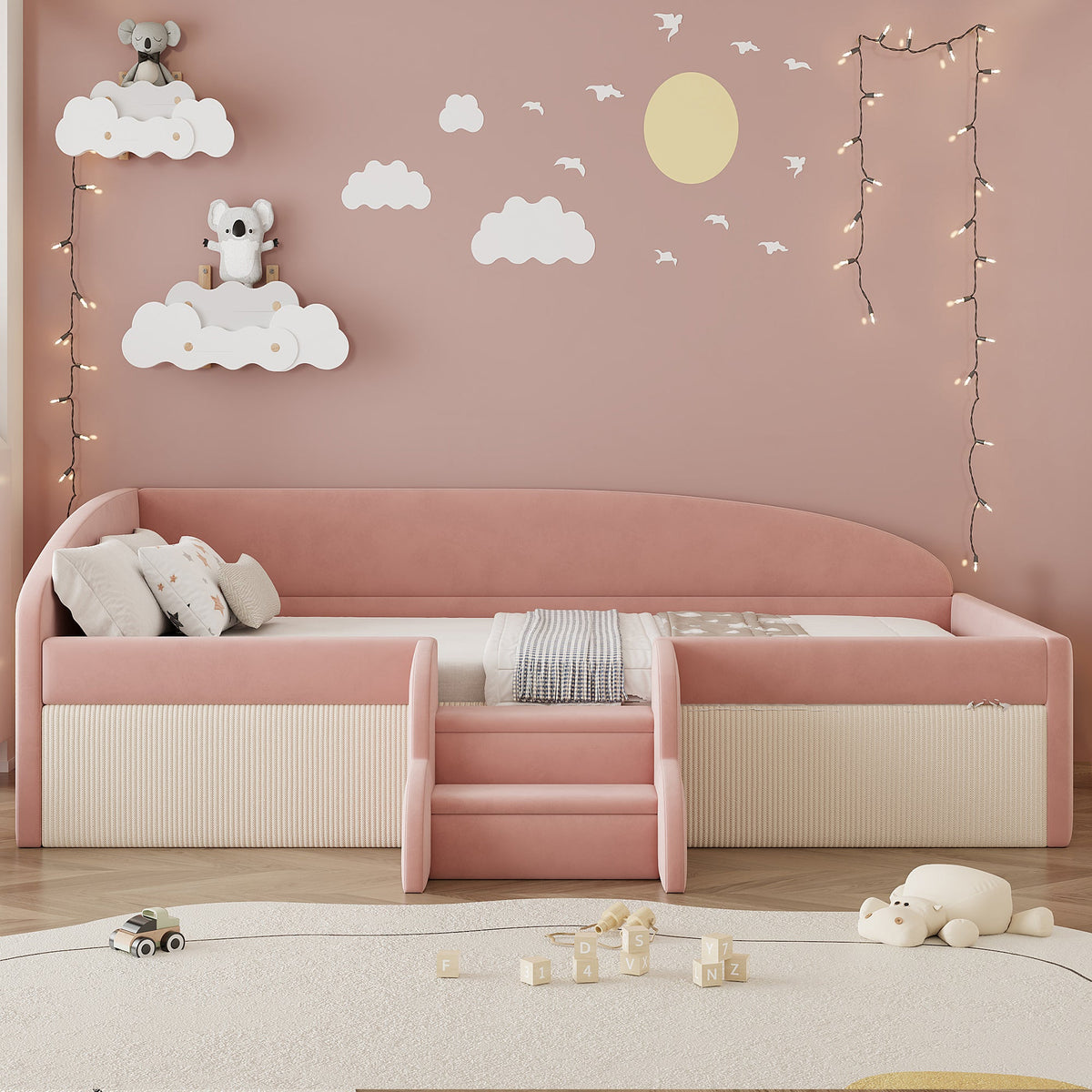 Upholstered Sofa Bed, 90x190cm Multifunctional with Steps and Railings, Velvet Fabric Pink + Cream White