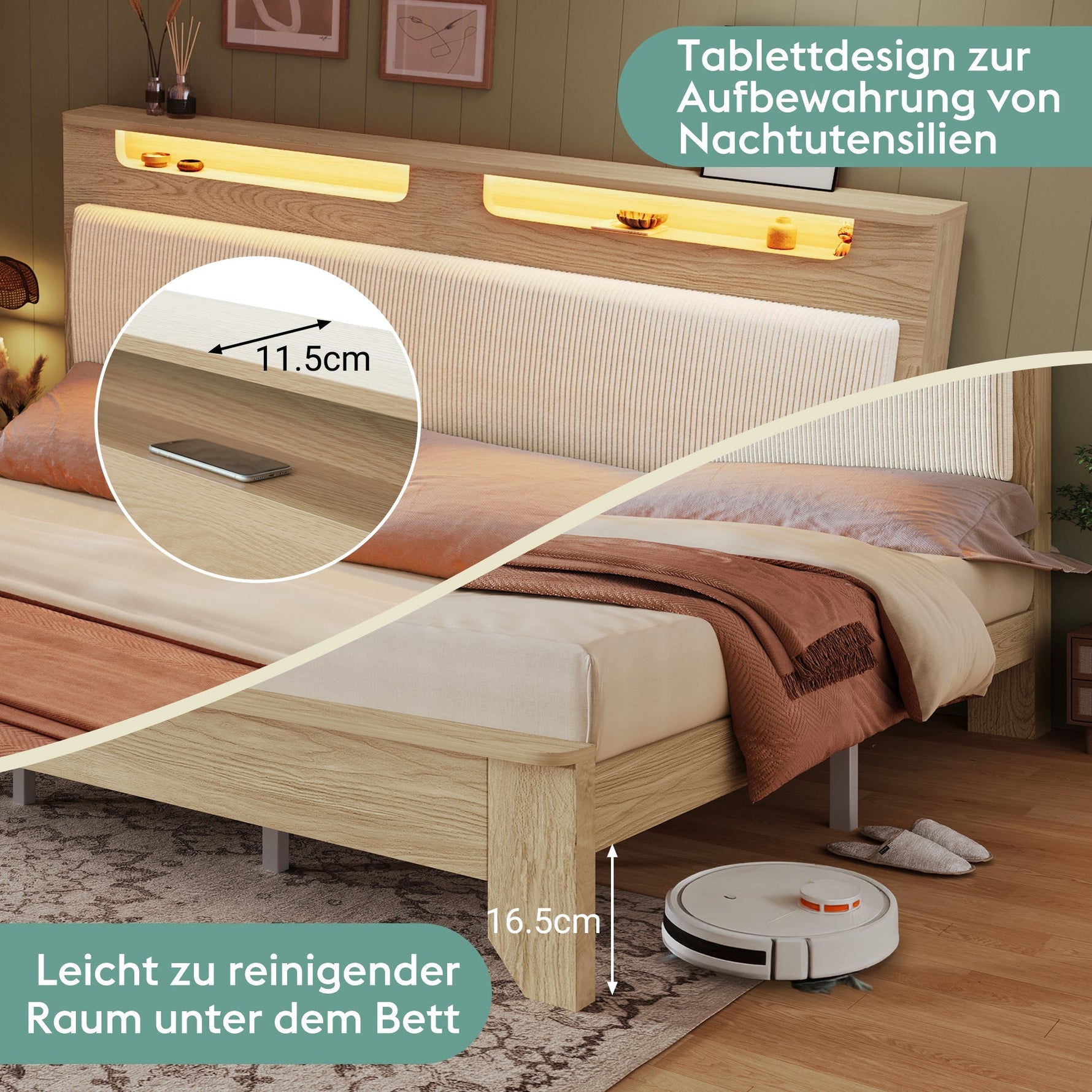 Double Bed 140x200cm, LED Headboard with Storage, Beige Corduroy & Light Oak