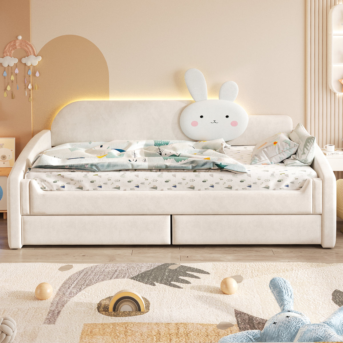 Children's Sofa Bed 90x200 with Storage & LED, Beige Velvet