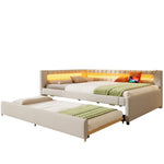 Daybed with Pull-Out Bed, LED Light Strip and USB Ports, Beige Linen