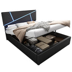 Upholstered Bed 140x200cm Double Hydraulic LED - Synthetic Leather Black
