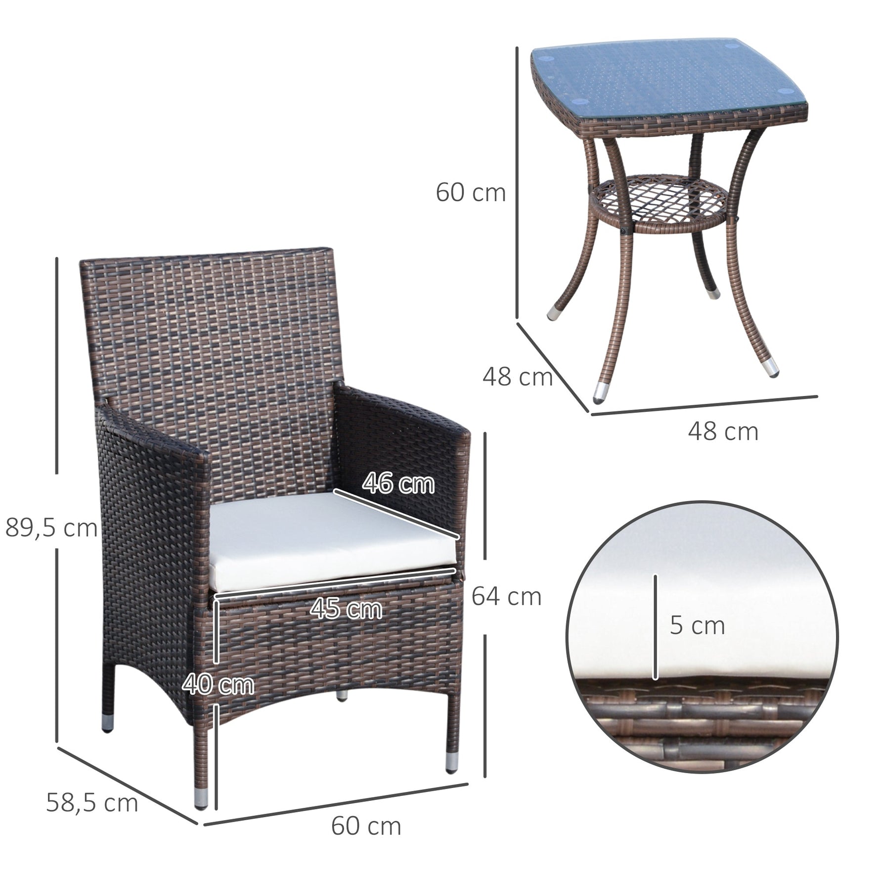 Balcony Furniture Set, Foldable Bistro with Cushions, Rattan Brown