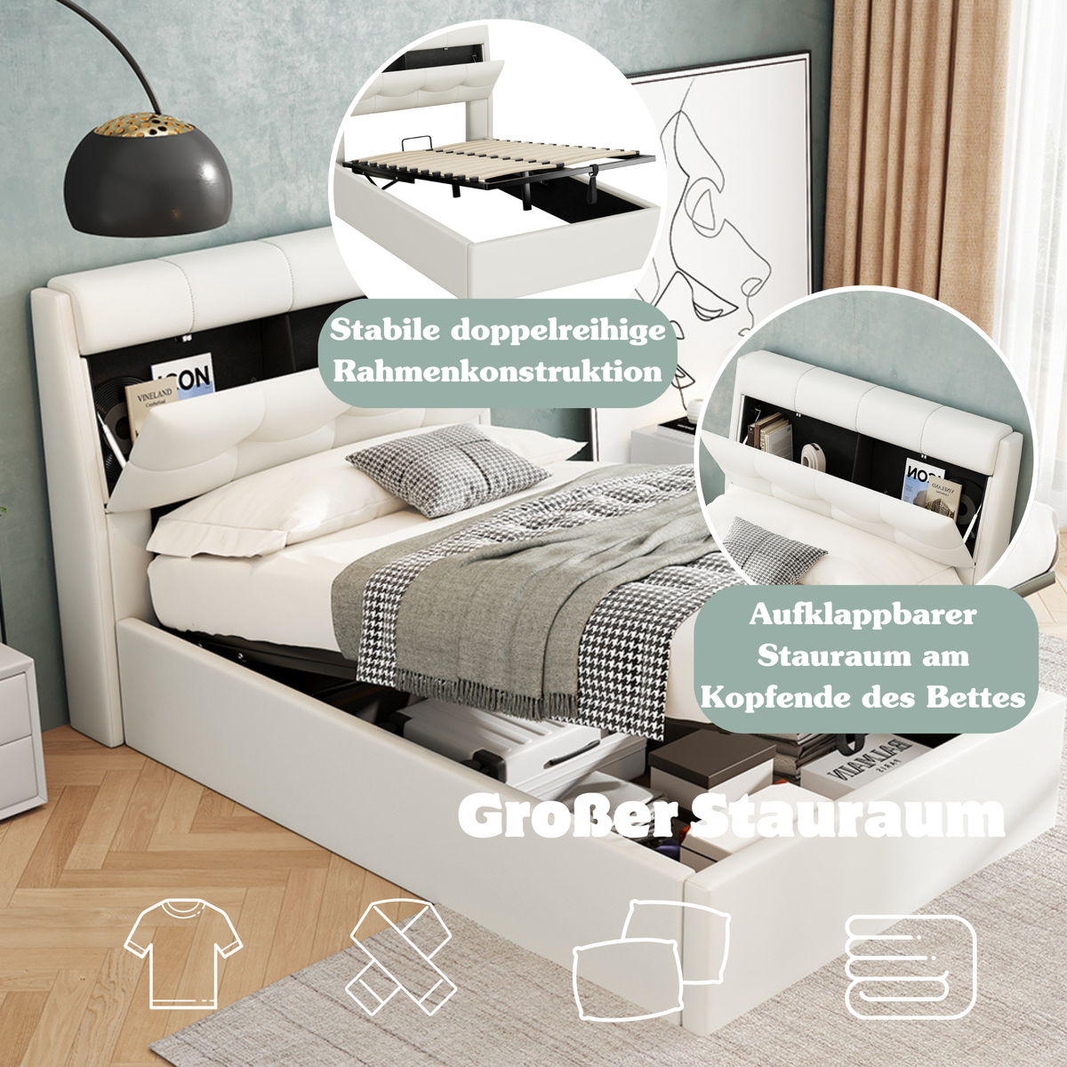 Upholstered Bed 90x200 Hydraulic Bed Box & Headboard Storage PU White