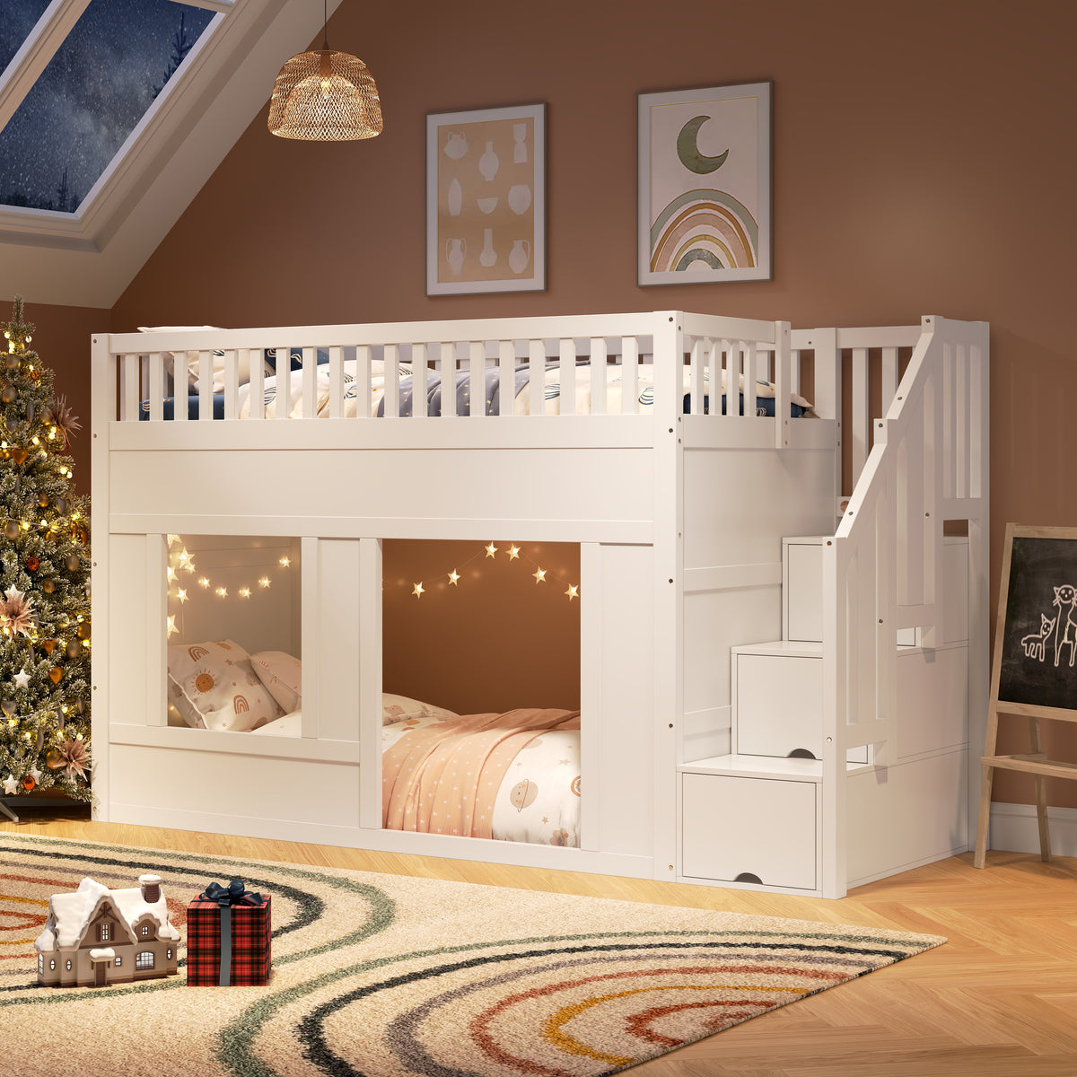 Children's Bunk Bed 90x200cm with Staircase Wardrobe, White