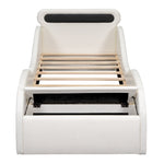 Car Shaped Upholstered Bed with Light-up Wheels and Storage, White PU