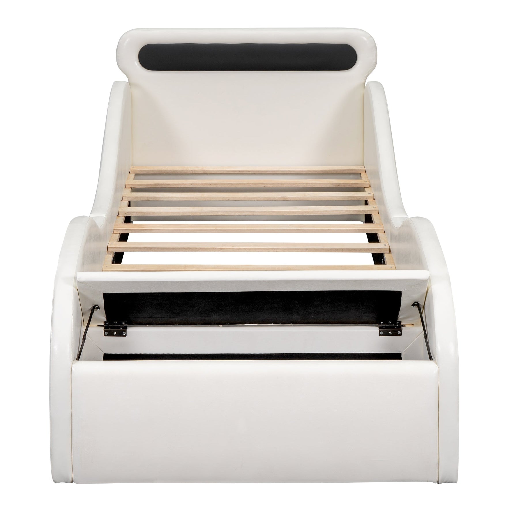 Car Shaped Upholstered Bed with Light-up Wheels and Storage, White PU