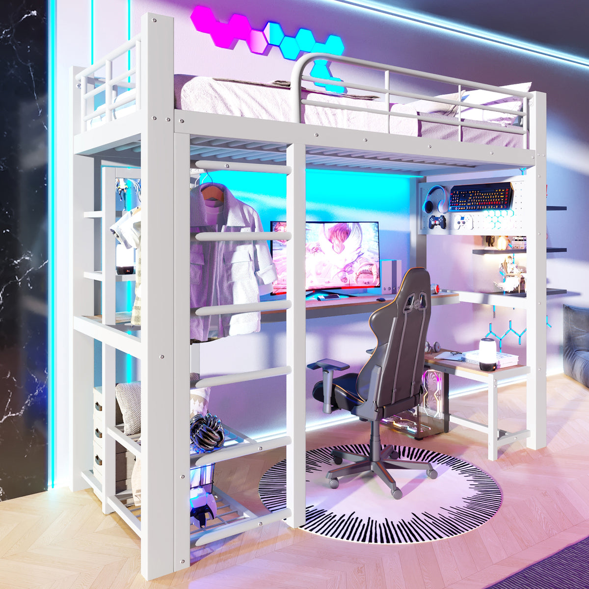 Loft Bed 90x200cm with LED Light & Storage Stairs, White Metal