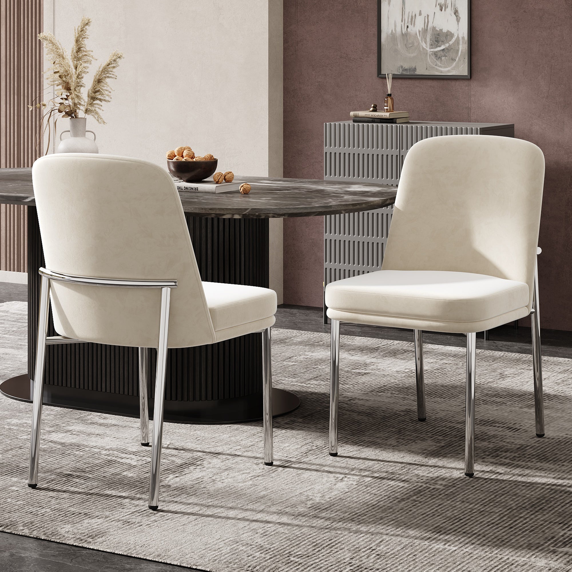 Dining Chairs Set of 2 Thickened Cushion Modern Metal Legs - Beige Velvet